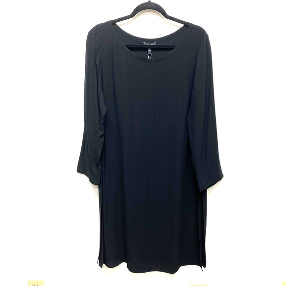 Eileen Fisher Black Boat Neck Silk Long Sleeve Georgette Crepe Dress L $318 - Picture 1 of 10